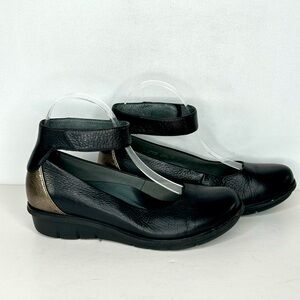 Dansko Jenna Ankle Strap‎ Shoes Wedge Pump Black Leather Metallic Grey Goth Sz37